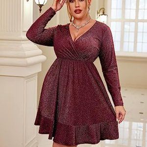 NEW Sparkly Dark Red Sz 20 Stretchy Empire Waist Long Sleeve Knee Length Dress